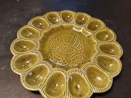 California Pottery Deviled Egg Plate 1970s Avocado Green S 29 Rooster Vintage - £24.60 GBP