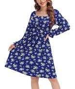 BhzHJ Women S Puff LS Swing Floral A-Line Dress Square Neck Elastic Wais... - $562.95 MXN