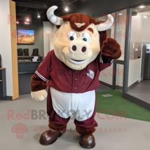 Maroon Hereford Cow mascot costume character dressed with a Baseball Tee and Ear - £1,028.73 GBP