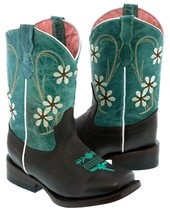 Girls Teal Dark Brown Flower Embroidered Cowgirl Leather Boots Kids Squa... - £43.25 GBP
