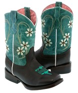 Girls Teal Dark Brown Flower Embroidered Cowgirl Leather Boots Kids Squa... - £41.75 GBP