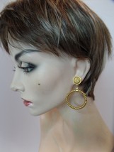 Vintage Statement Pierced  Earrings Brushed Goldtone Hoop Unbranded - £15.02 GBP