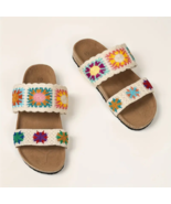 Women’s Bohemian Slip-On Flat Sandals – Floral Knit Open Toe Slippers - $19.77