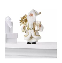 Holiday Lane Santa Ornament in Gold-Tone Trimmed White Outfit Holding Gift - £12.58 GBP