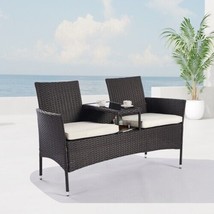 Outdoor Furniture Sofa Coffee Table Brown Rattan with Beige Cushion - £442.94 GBP