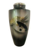 Vintage Koi Fish Japanese Etched Metal Black And Gold Decorated Vase 7 1... - £28.28 GBP