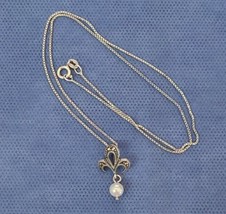 Italy Sterling 925 Marcasite/Pearl Fleur De Lis Pendant on 18&quot; Chain Signed - £23.68 GBP