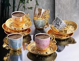 LaModaHome Espresso Coffee Cups with Saucers Set of 6, Porcelain Turkish Arabic  - £60.61 GBP