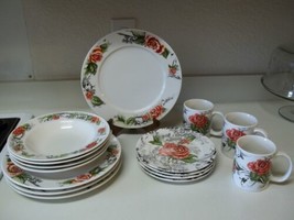 Rose Toile Stoneware ~ 19 piece set ~ Plates Rimmed Soup Bowls Mugs - $89.00