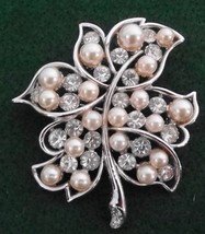 Bogoff Silvertone Leaf w Crystals &amp; Pearls Pin Brooch Signed Vintage 2 1/4 x 2&quot; - £22.32 GBP