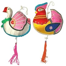 Applique Birds Christmas Ornaments Sequin Swan Rooster Set of 2 Bright Colorful - $21.89