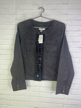 Christopher &amp; Banks Womens Black Wash Embellished Zip Denim Jean Jacket Size M - £19.36 GBP