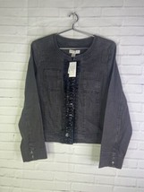 Christopher &amp; Banks Womens Black Wash Embellished Zip Denim Jean Jacket Size M - £19.16 GBP