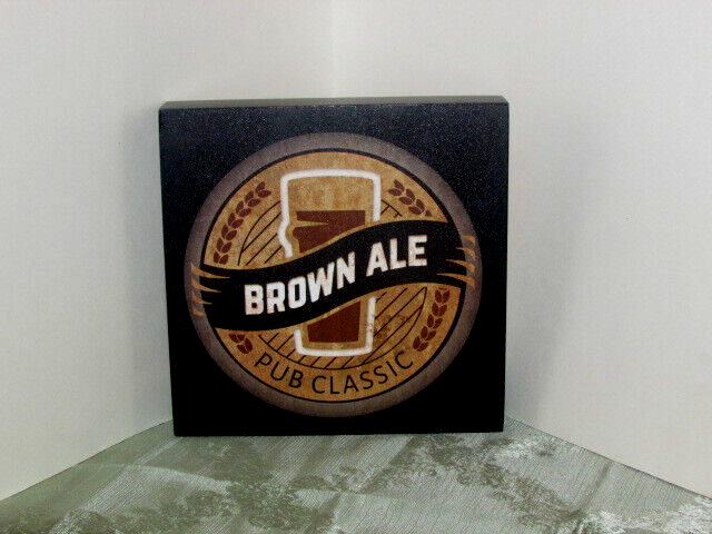'BROWN ALE' wall art 8x8x1" brown black white wood Designs Direct (pantry) - $7.92