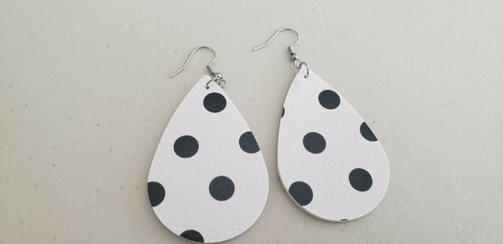 Primary image for Faux Leather Dangle Earrings (new) WHITE W/ LARGE BLACK DOTS #117
