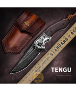 DAMASCUS STEEL POCKET FOLDING BUSHCRAFT KNIFE WOOD HANDLE WITH LEATHER S... - $2,335.14 MXN