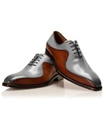 Men&#39;s Handmade Genuine Grey &amp; Brown Leather Lace-up Oxford Formal Dress ... - £111.69 GBP