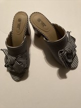 Size 8 Blue White Striped Heels Open Toe By Avon Cushion Walk Shoes Slip On - $15.94