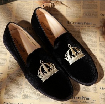 Black Shoes Velvet Loafer Slippers Crown Embroidery Patch Party Wear Handmade