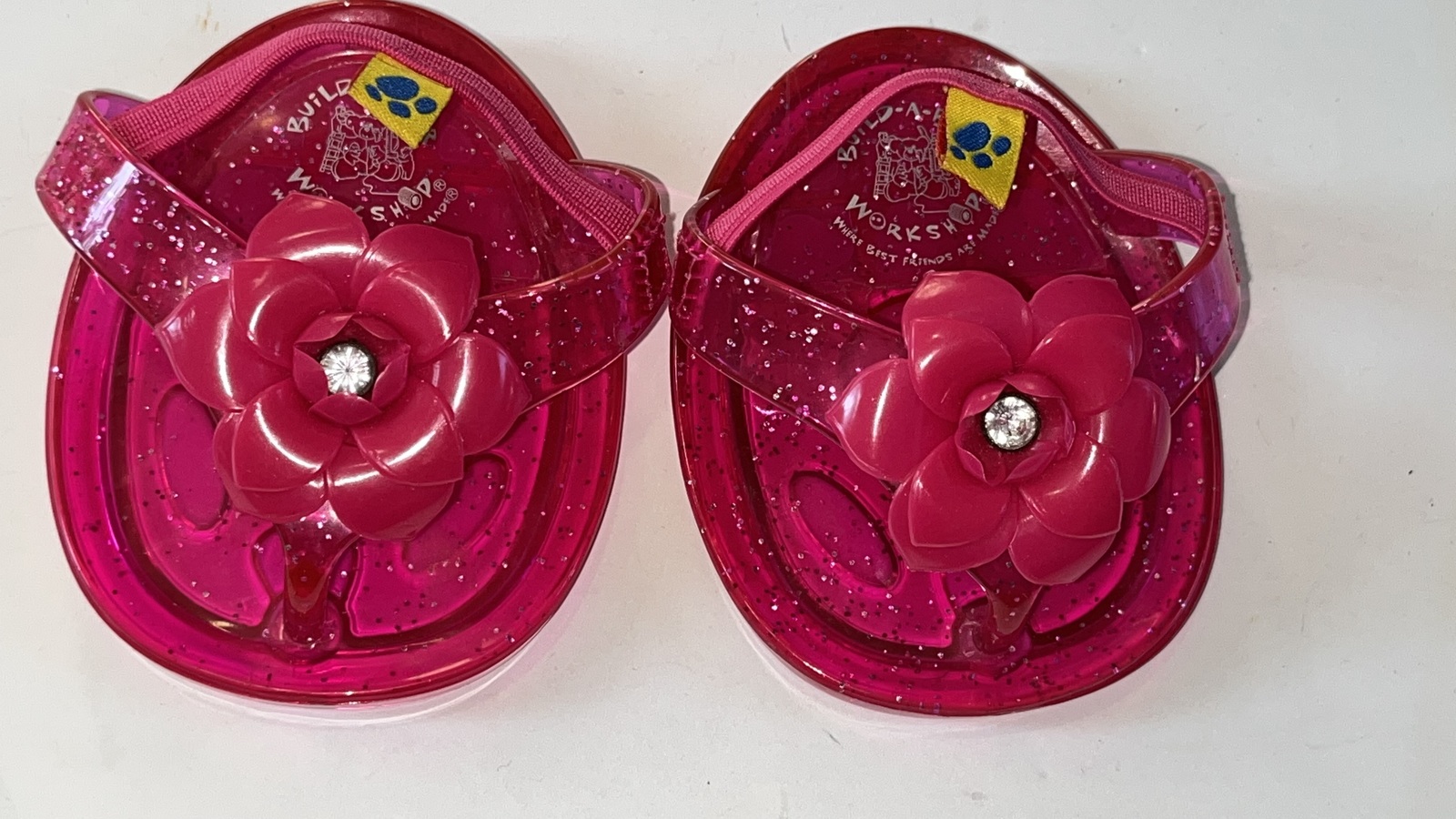 Build A Bear Shoes Pink Sandals BABW Pair Set Flip Flop Clear Glitter Flower Toy - $9.99
