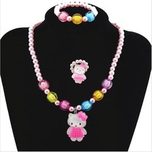 1set Lovely Baby Girls Imitation Pearls Kitty cat Pendant Necklace Bracelet Ring - £9.31 GBP