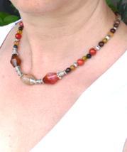 Tribal Agate Necklace with Silver Beads, Colorful Red, Brown, Yellow Agate, 84 - £31.92 GBP