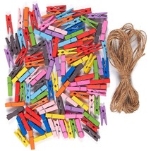 100 Pcs Mini Wooden Clothes Pins For Photos Crafts Colorful With Jute Tw... - $15.99