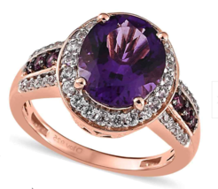 Gorgeous Amethyst, Rhodolite, Zircon Halo Ring in Rose Gold Over Sterling Sz7 - £55.91 GBP