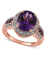 Gorgeous Amethyst, Rhodolite, Zircon Halo Ring in Rose Gold Over Sterlin... - £55.00 GBP