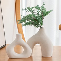 White Ceramic Vase Set Of 2 For Modern Home Decor, Round Matte Donut Vases For - £31.16 GBP