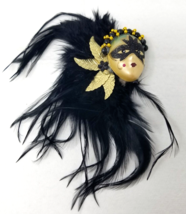 Fancy Painted Mask Fridge Magnet Feathers Ceramic Black Gold 1990s Vintage - £9.71 GBP