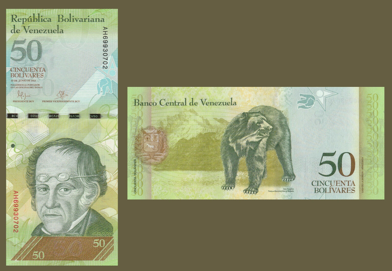 Primary image for Venezuela P92k, 50 Bolivar, Simón Rodríguez / speckled bear in park, 2015 UNC