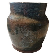 BEBE Dragonfly Pottery Vase Studio Jug Container Planter Artist Signed Rustic  - $44.53
