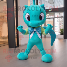 Turquoise Hydra mascot costume character dressed with a Yoga Pants and Bow ties - £961.27 GBP