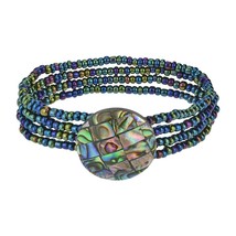 Vibrantly Colored Abalone Shell Mosaic with Beaded Multi-Strand Bracelet - £11.21 GBP