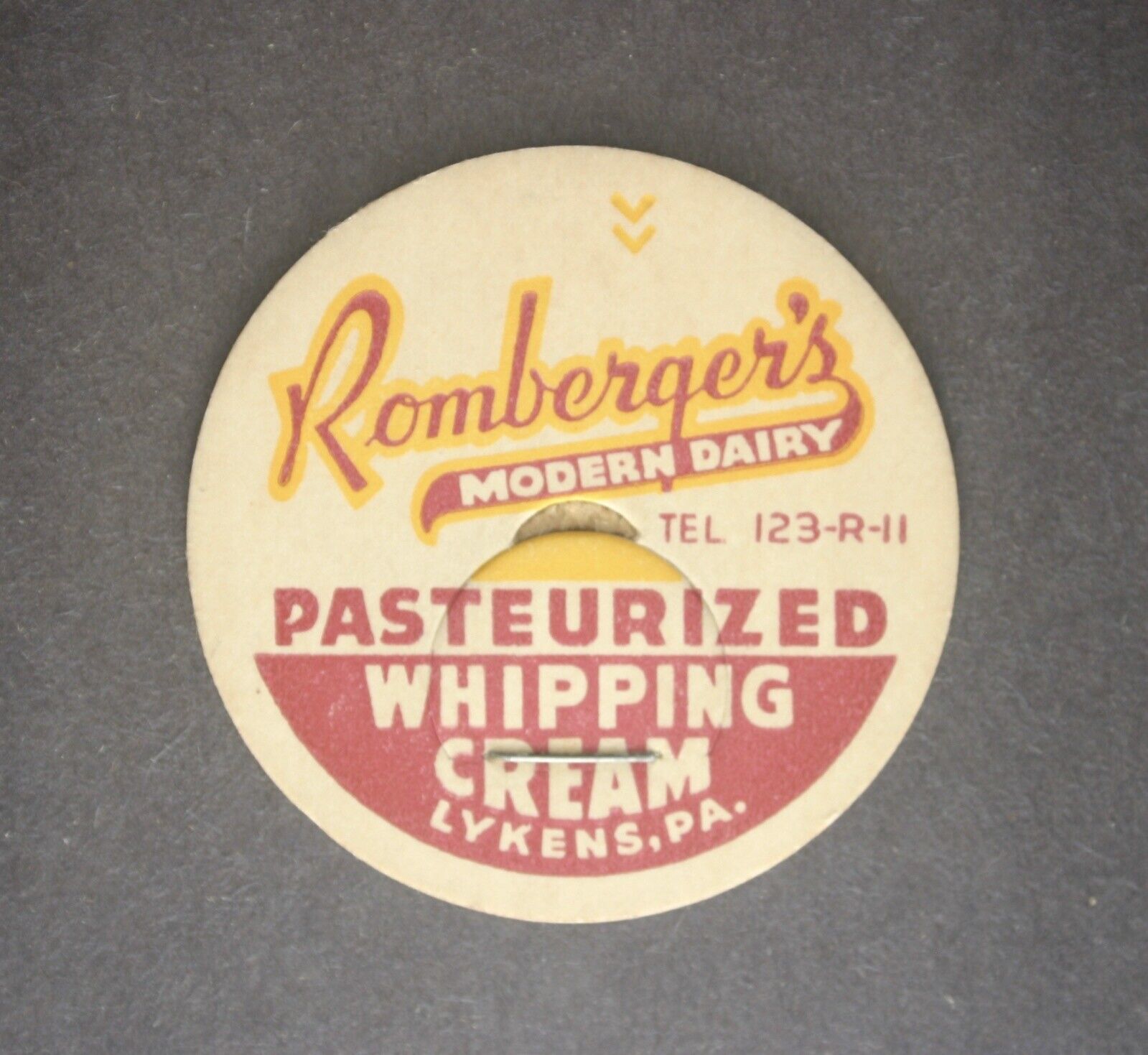 Vintage (Rombergers Modern Dairy) Whipping Cream Milk Cap, Lykens, PA