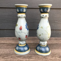 Vtg Pair Of Signed Tracy Porter Hand Painted Strawberry Wood 10” Candlesticks 95 - £73.69 GBP