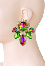 3.25&quot; Long Iridescent Vitrail Green Crystal Evening Oversized Drag Queen Earring - £24.37 GBP