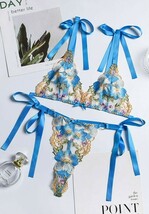 Triangle Lace Up Bum Blue Lingerie Set With Tie Matching Thong & Bra - Large image 5