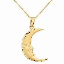 14k Solid Real Yellow Gold Diamond-cut Crescent Moon Face Pendant Necklace - £220.01 GBP+