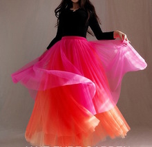 Hot Pink Red Tiered Tulle Maxi Skirt Outfit Women Plus Size Pleated Tulle Skirt image 4