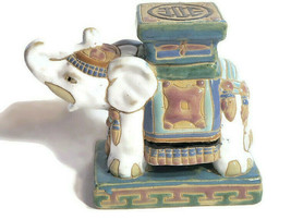 ELEPHANT Trinket Holder Trunk Up  Figurine Tan Brown Blue Luck Pottery  - £21.13 GBP