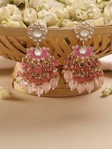 Pink Enamel Lotus Crystal Cluster Drops Kundan Dangle Earring Jewelry Women - £18.76 GBP