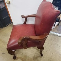 Antique Vintage Red Leather and Carved Owl Wood Armchair Law Office Chair - $495.00