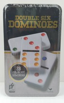 Double Six Dominoes Color Dot Pieces-28 Tiles in Embossed Tin By Cardinal New - $14.22