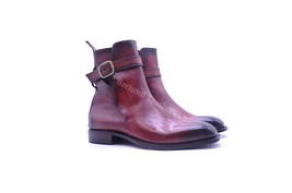 New Handmade Leather Burgundy Patina Monk Strap ankle Lace up Dress Men Boots - £182.21 GBP+