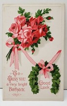 Good Luck Birthday Embossed Roses and Horseshoe  Ribbons Vintage Postcar... - $5.95