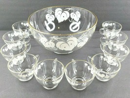 Anchor Hocking 76 Grape Clear Punch Bowl (10) Cups Set Vintage White Gold Trim - £47.52 GBP