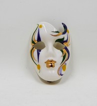 New Orleans Face Mask Pin Brooch Ceramic Hand Painted Signed Teal Purple Gold - £19.97 GBP