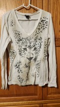 Ladies Leopard Print Top By Dots Large V-neck Long Sleeve Off White - $8.81